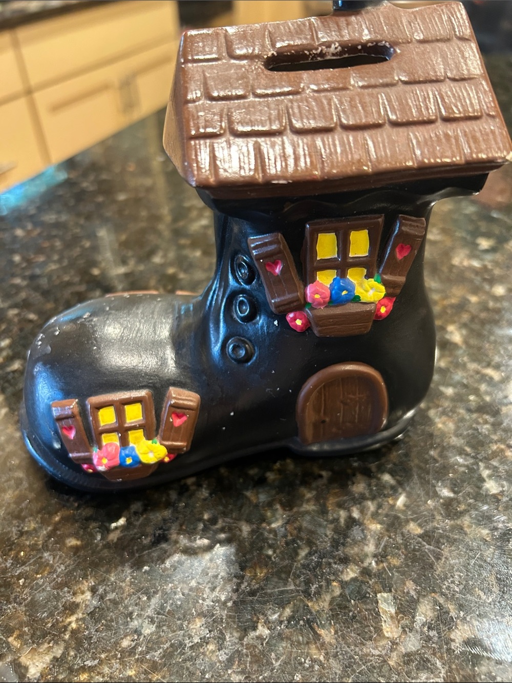 Vintage Kids Black Boot-Shaped Coin Bank with Floral Window Accents